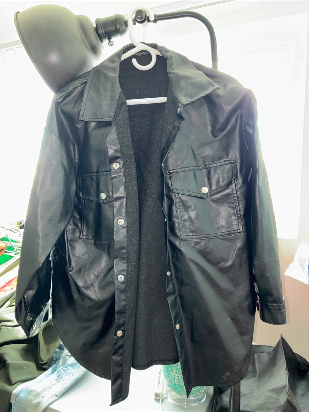 Men's Black Faux Leather Button-Front Jacket